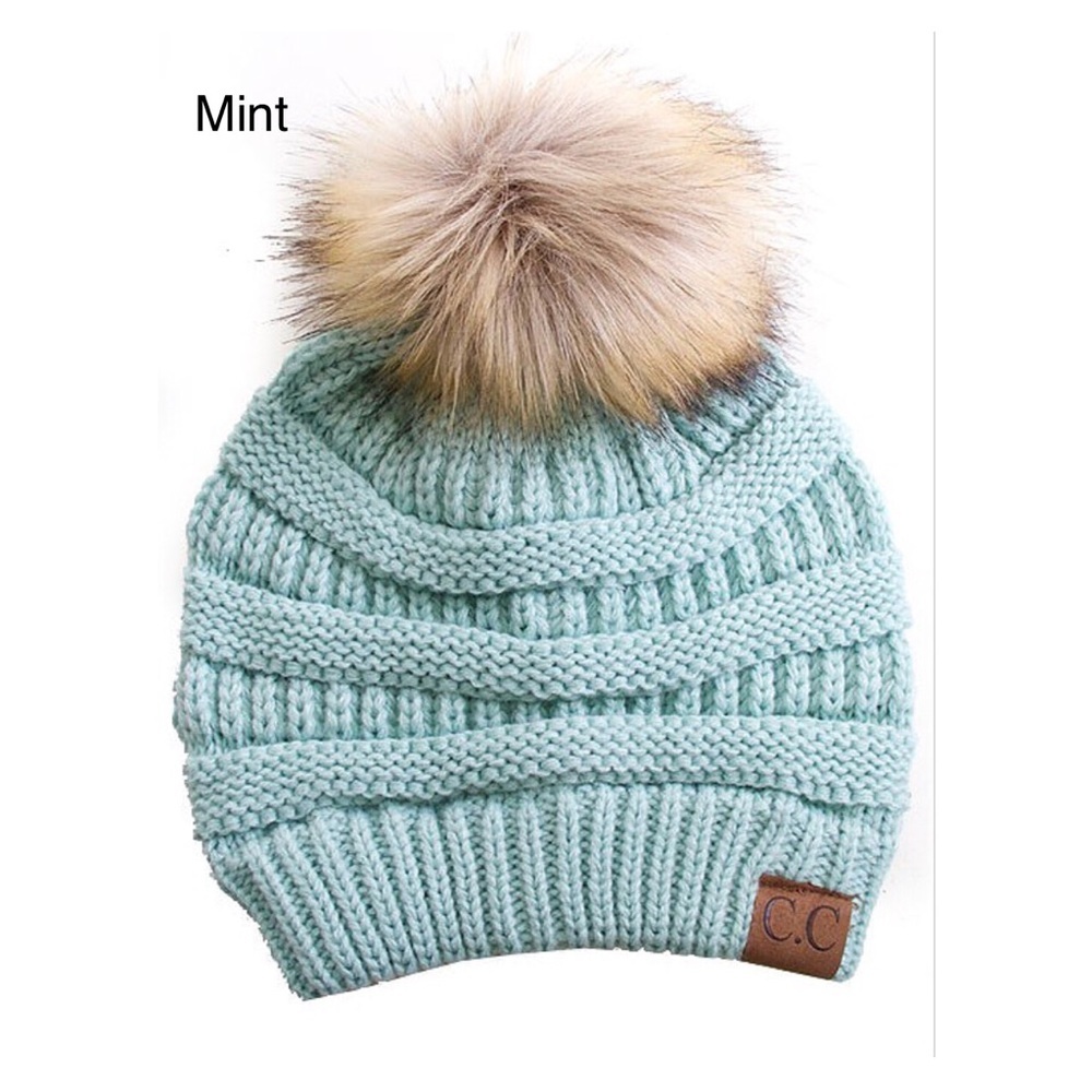 Mint CC Knit Beanie with Faux Fur Pom